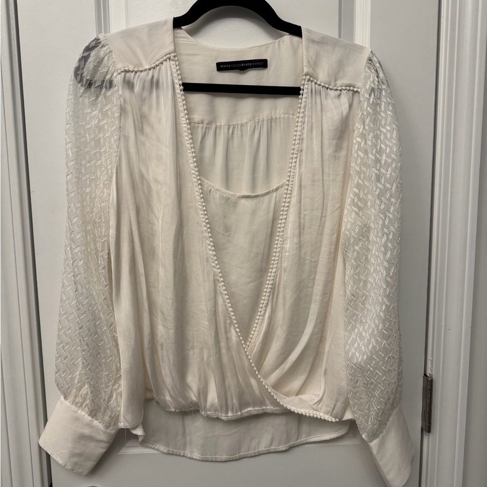 White House Black Market Cream Blouse with Lace Sleeve Detail